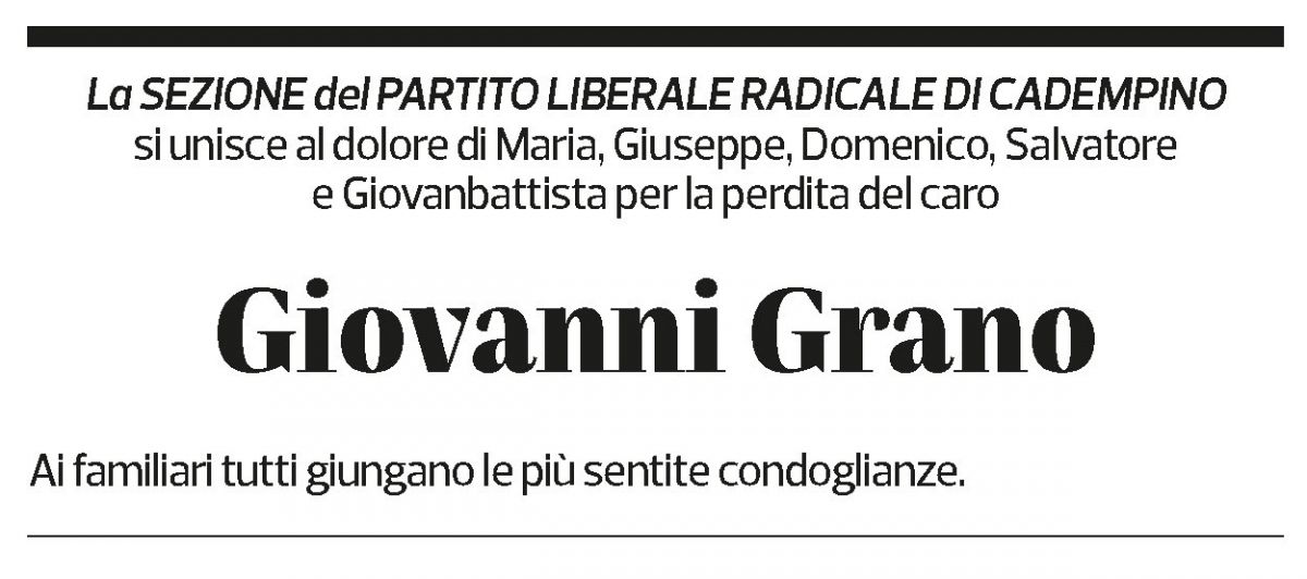 Annuncio funebre Giovanni Grano