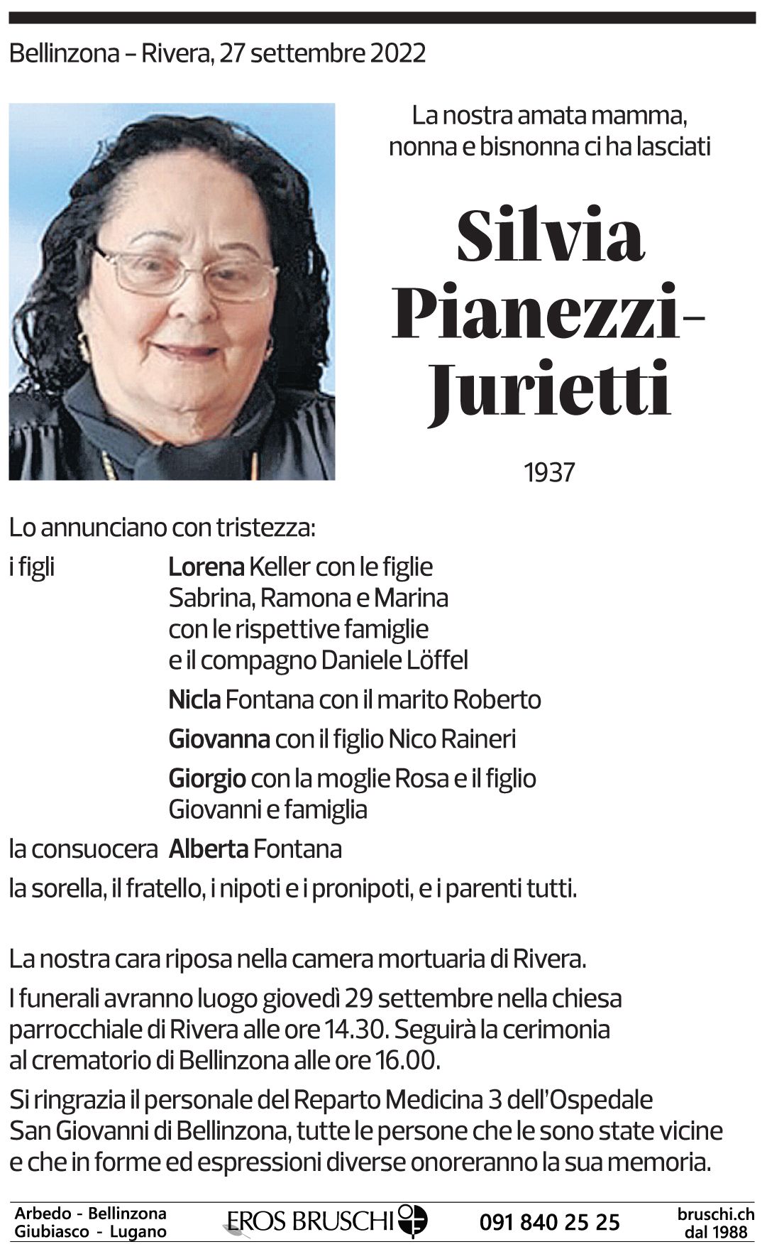 Annuncio funebre Silvia Pianezzi-jurietti