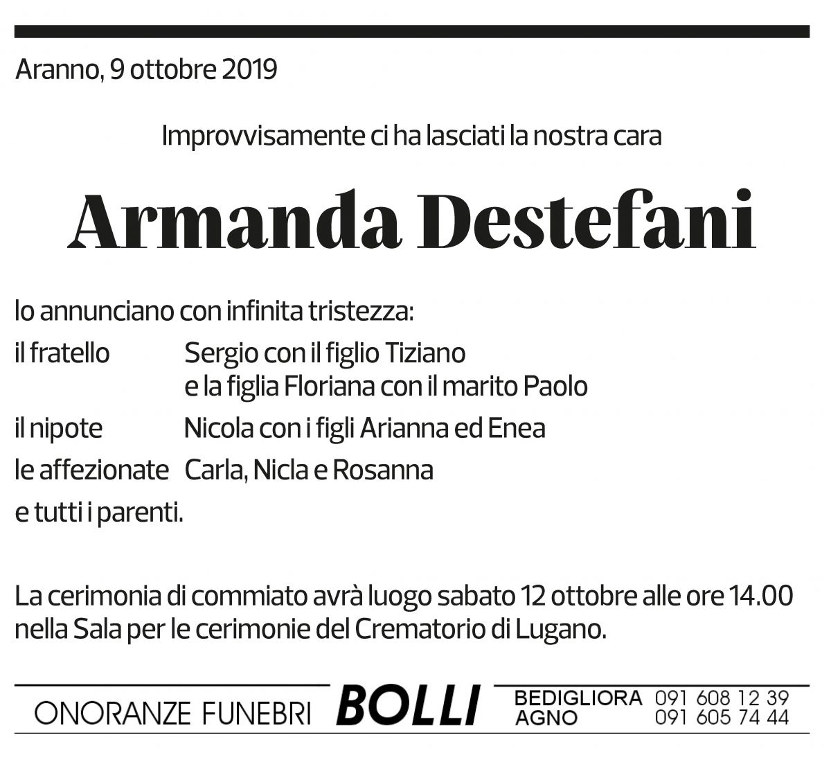 Annuncio funebre Armanda Destefani