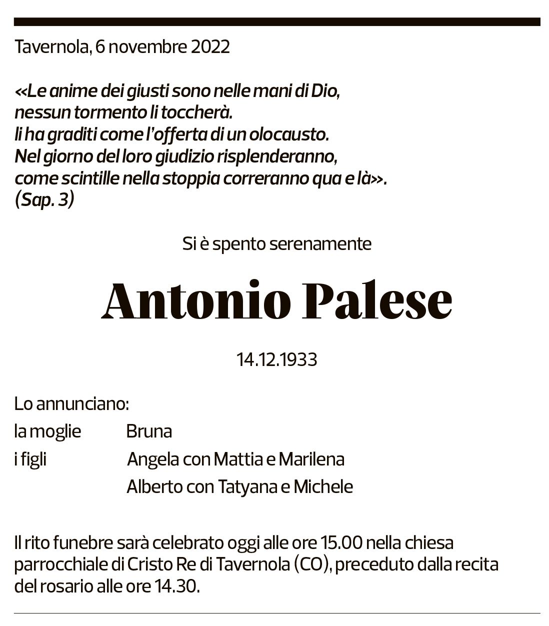 Annuncio funebre Antonio Palese