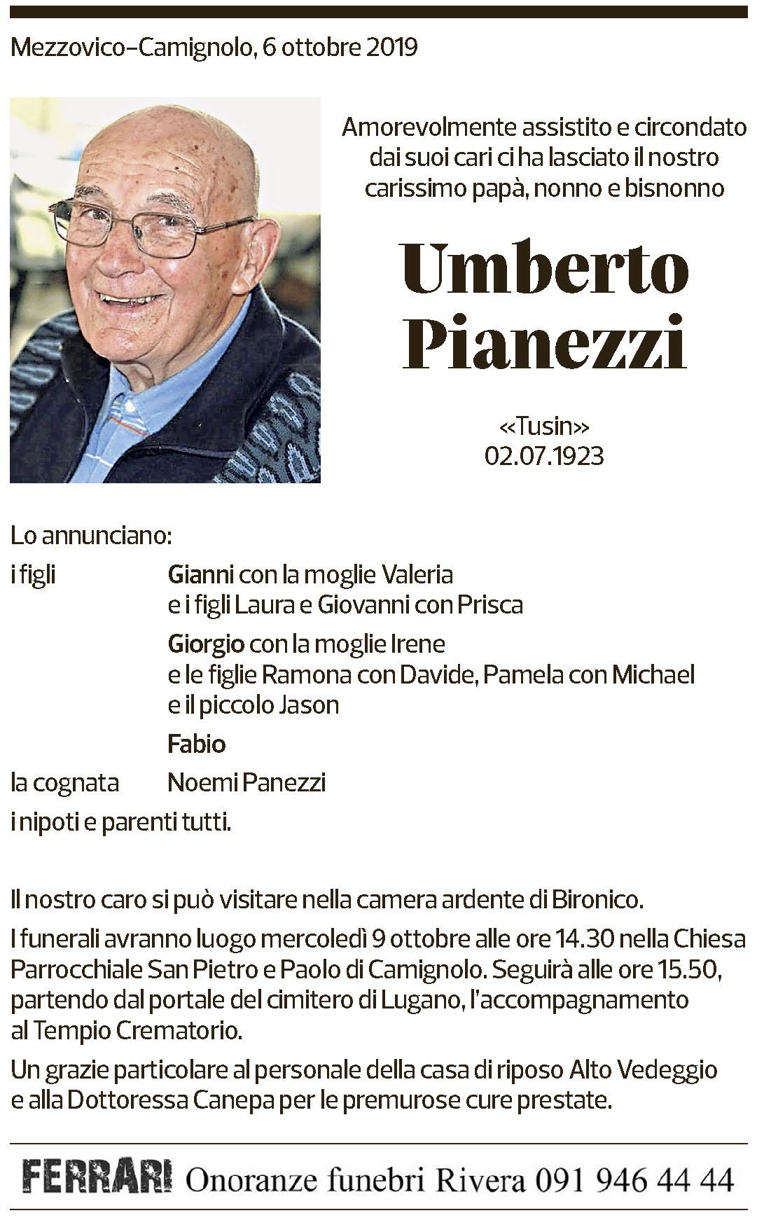 Annuncio funebre Umberto Pianezzi