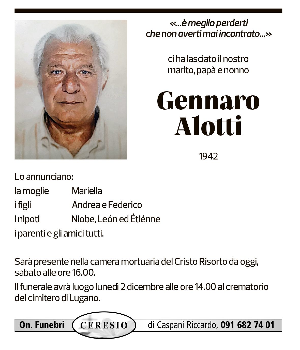 Annuncio funebre Gennaro Alotti