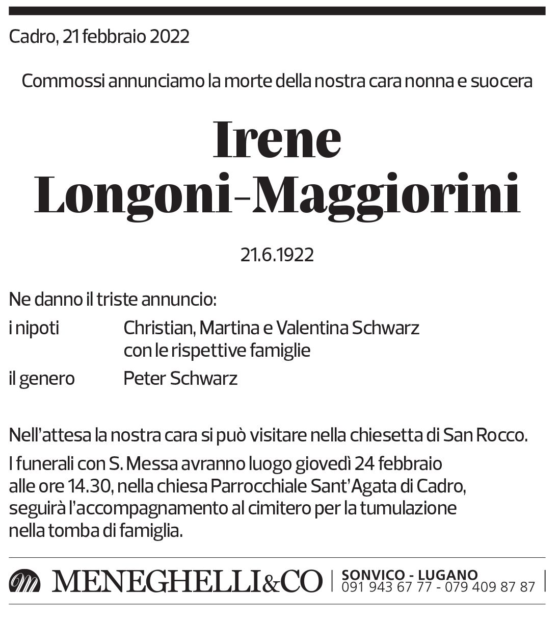 Annuncio funebre Irene Longoni-maggiorini