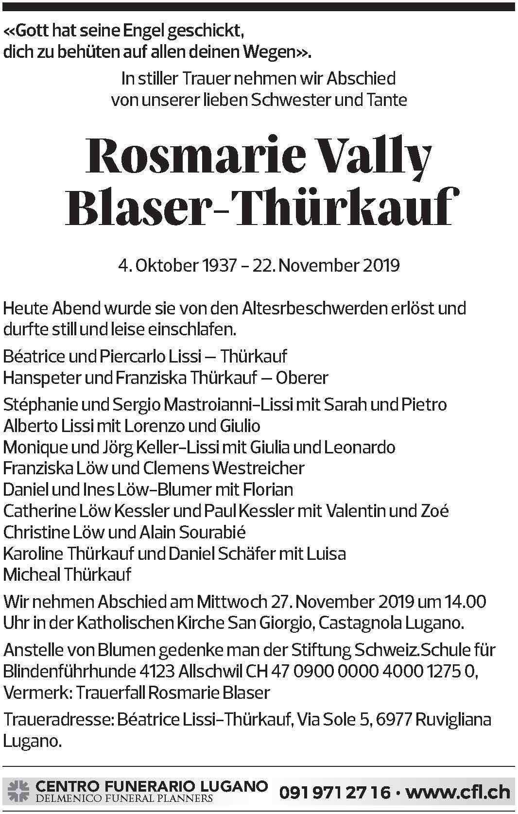 Annuncio funebre Rosmarie Vally Blaser-thürkauf