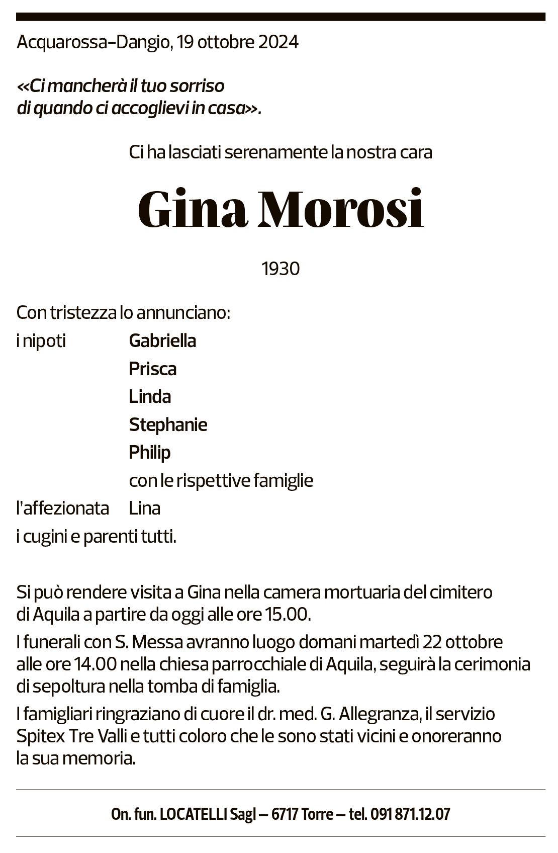 Annuncio funebre Gina Morosi