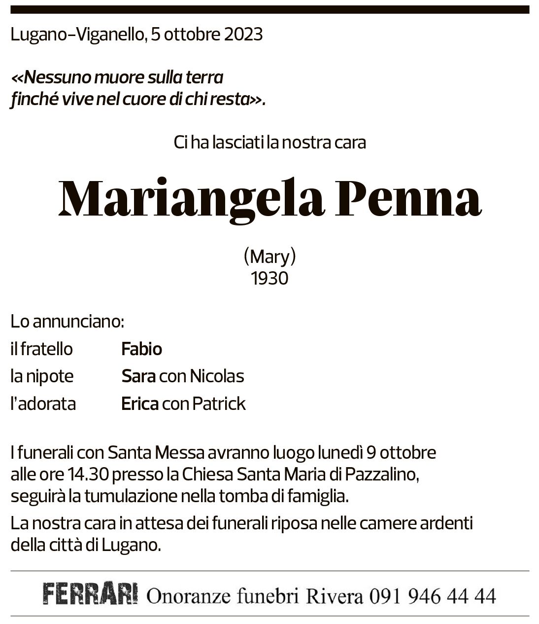 Annuncio funebre Mariangela Penna