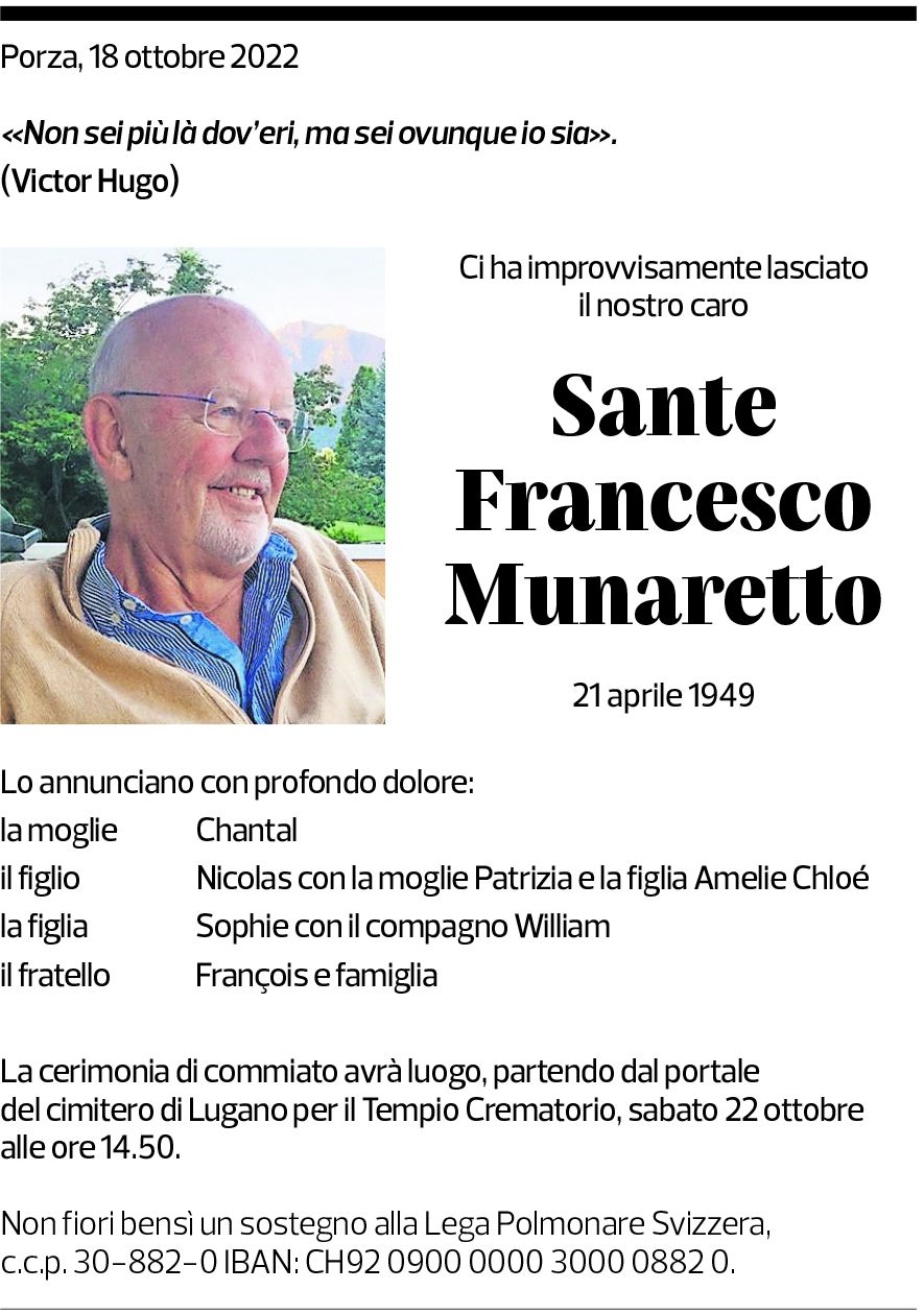 Annuncio funebre Sante Francesco Munaretto