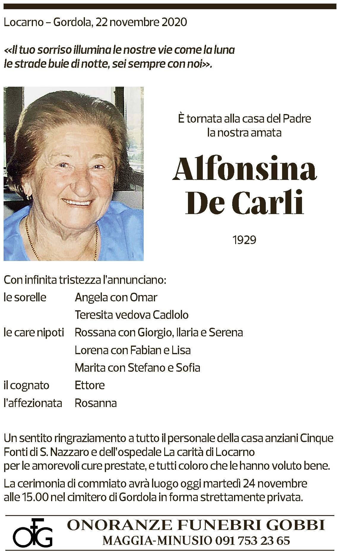 Annuncio funebre Alfonsina De Carli