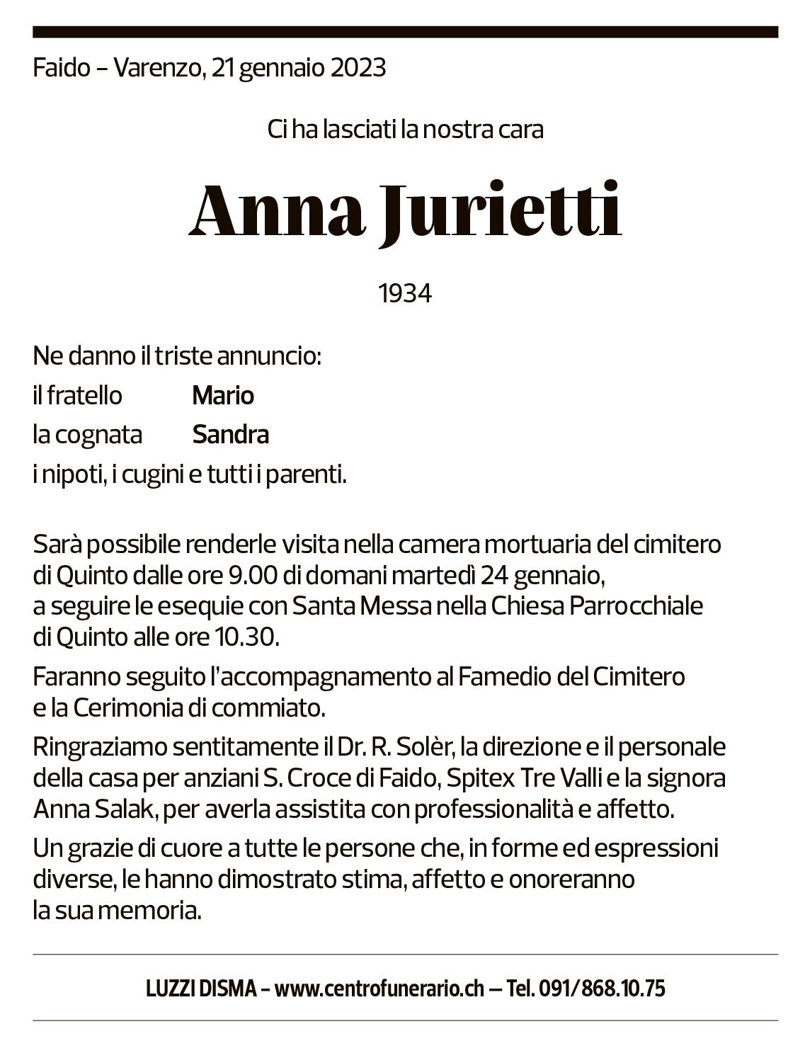 Annuncio funebre Anna Jurietti