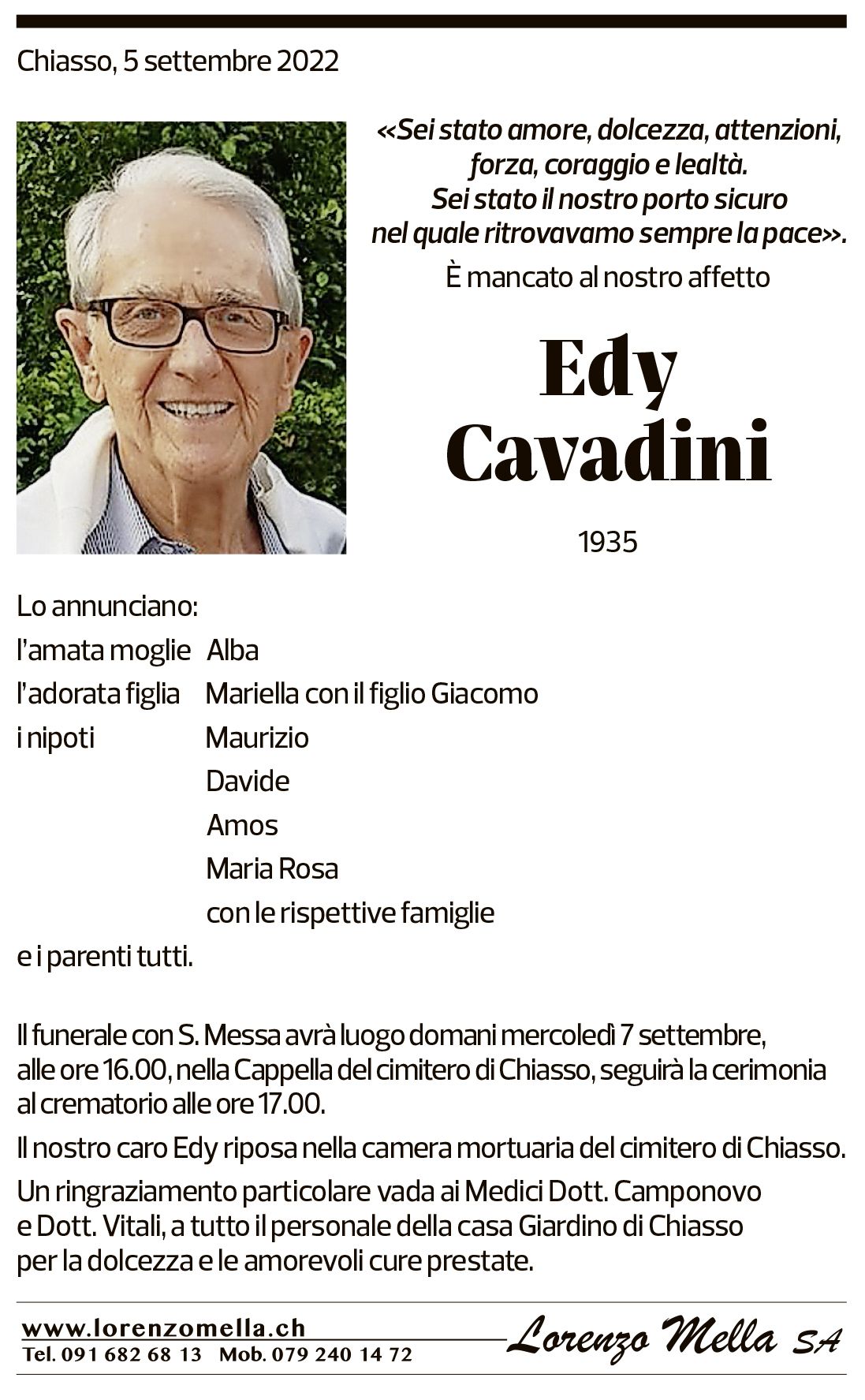 Annuncio funebre Edy Cavadini