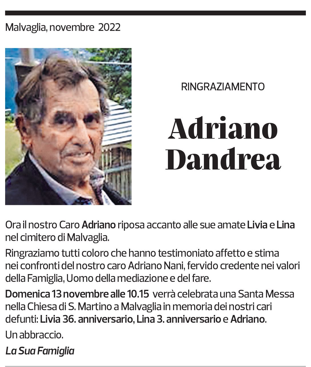 Annuncio funebre Adriano Dandrea