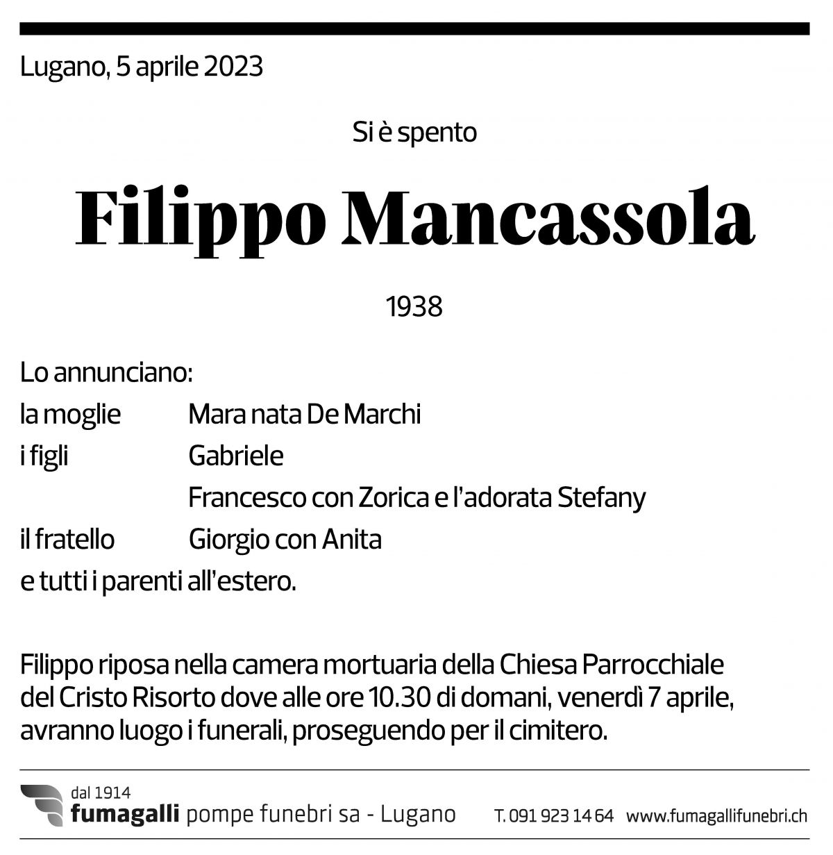 Annuncio funebre Filippo Mancassola