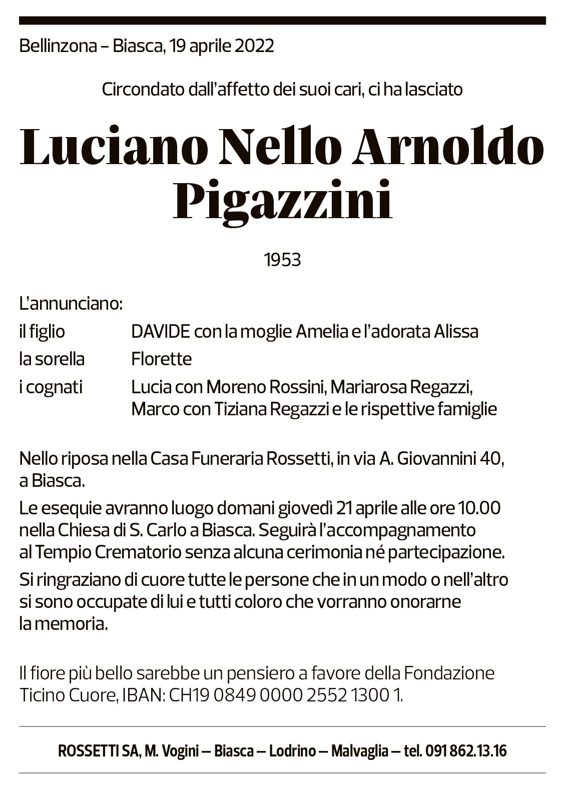 Annuncio funebre Luciano Nello Arnoldo Pigazzini