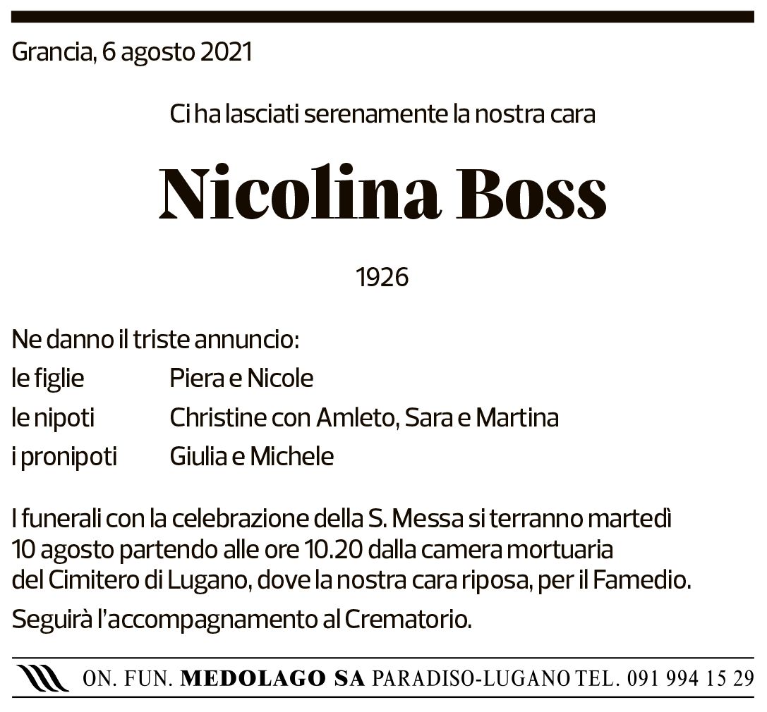 Annuncio funebre Nicolina Boss