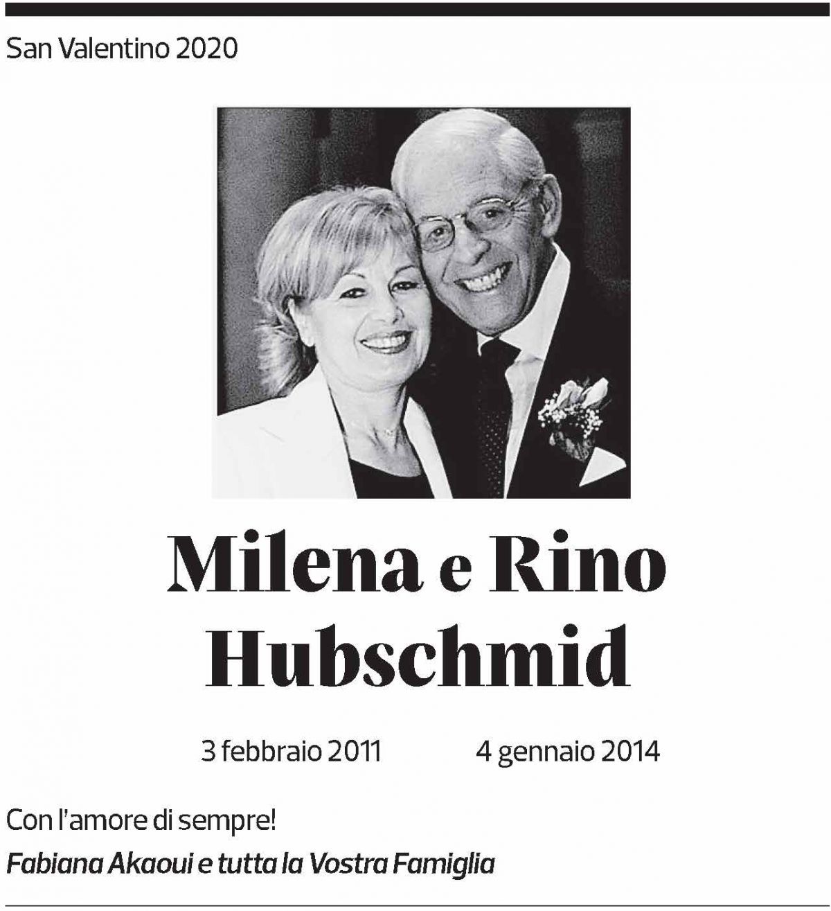 Annuncio funebre Milena Hubschmid Rino Hubschmid