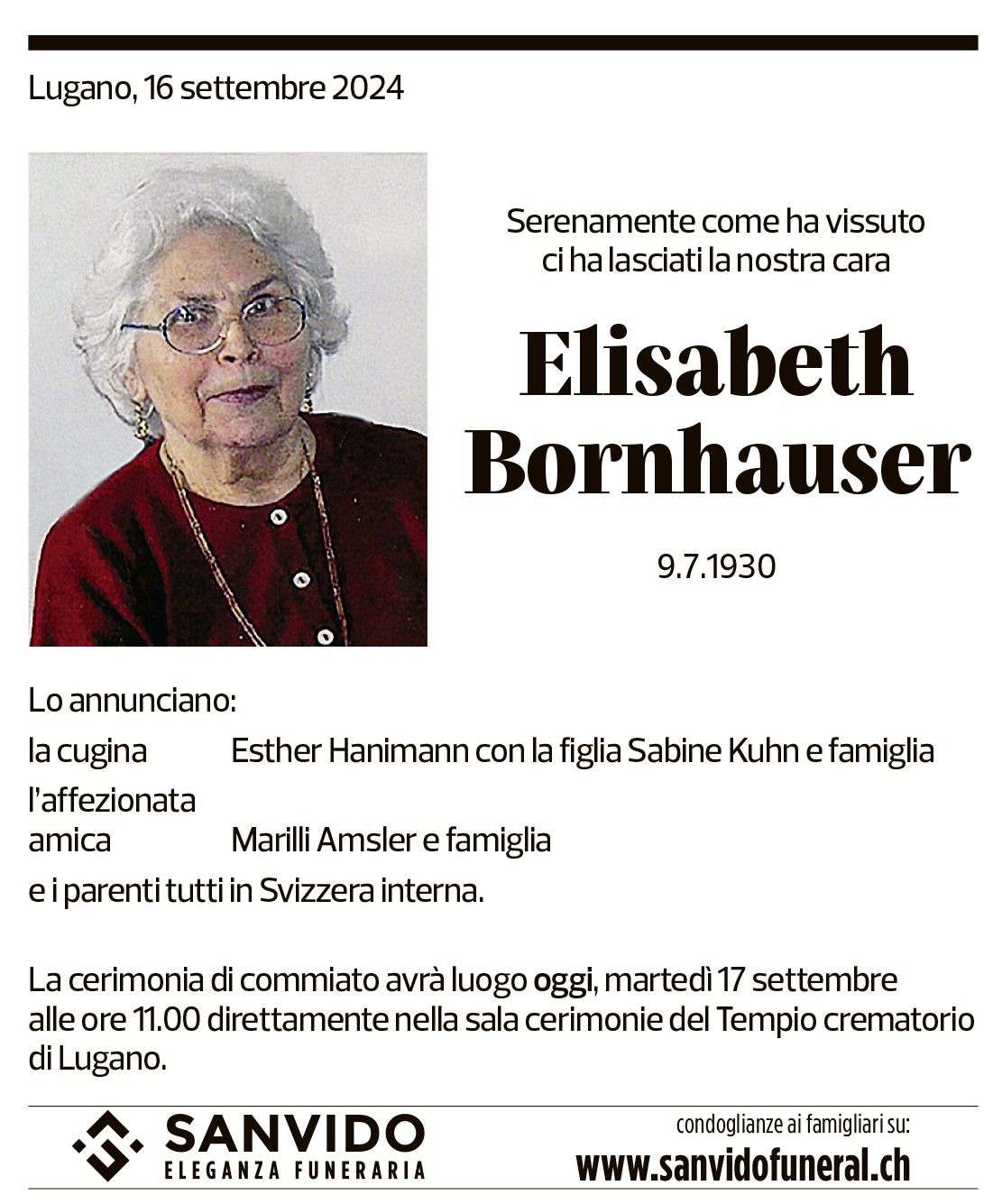 Annuncio funebre Elisabeth Bornhauser