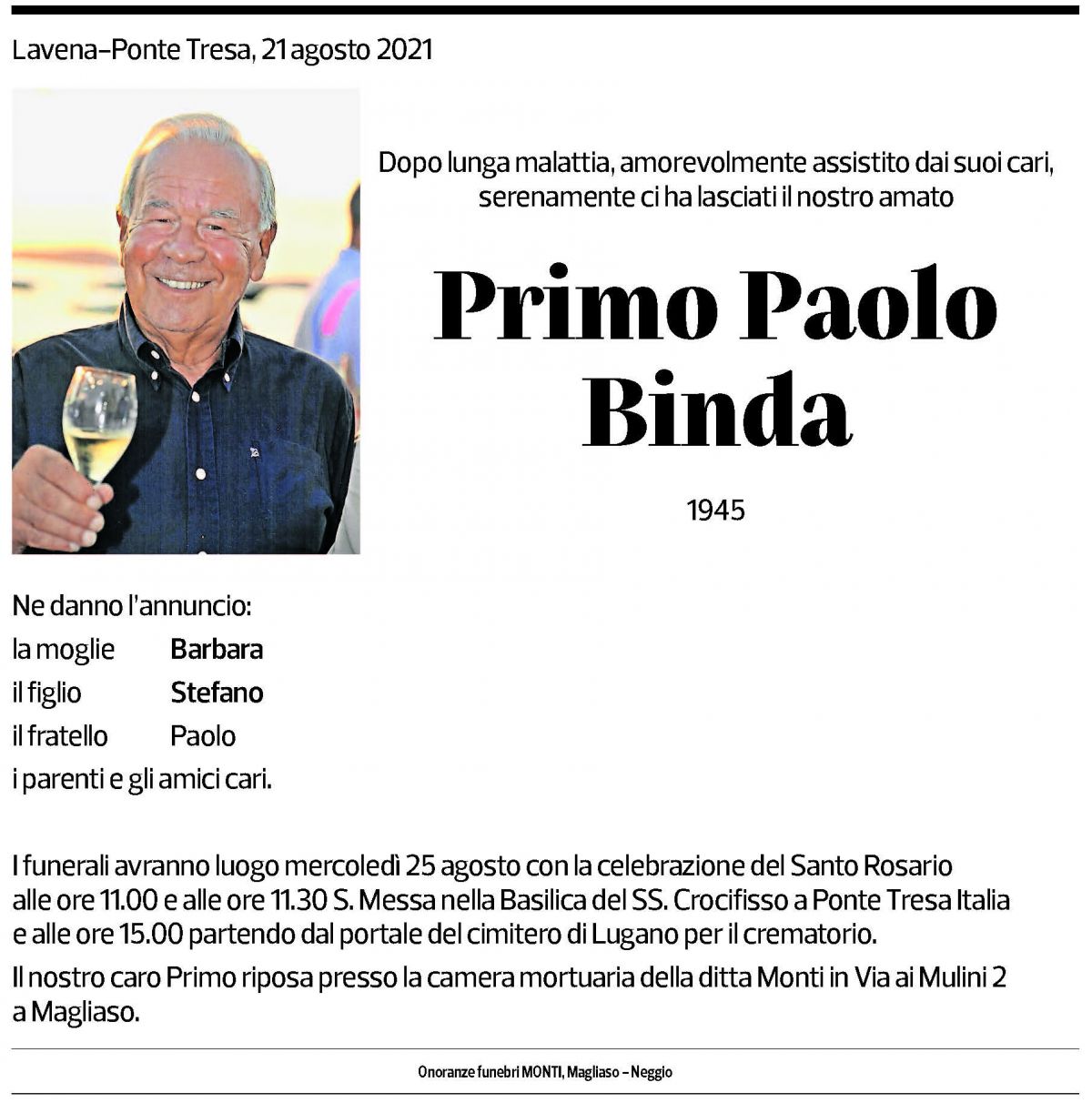 Annuncio funebre Primo Paolo Binda