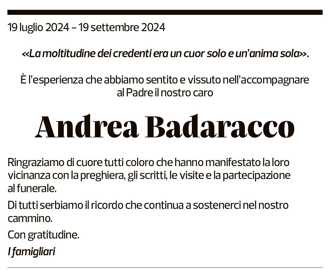 Annuncio funebre Andrea Badaracco