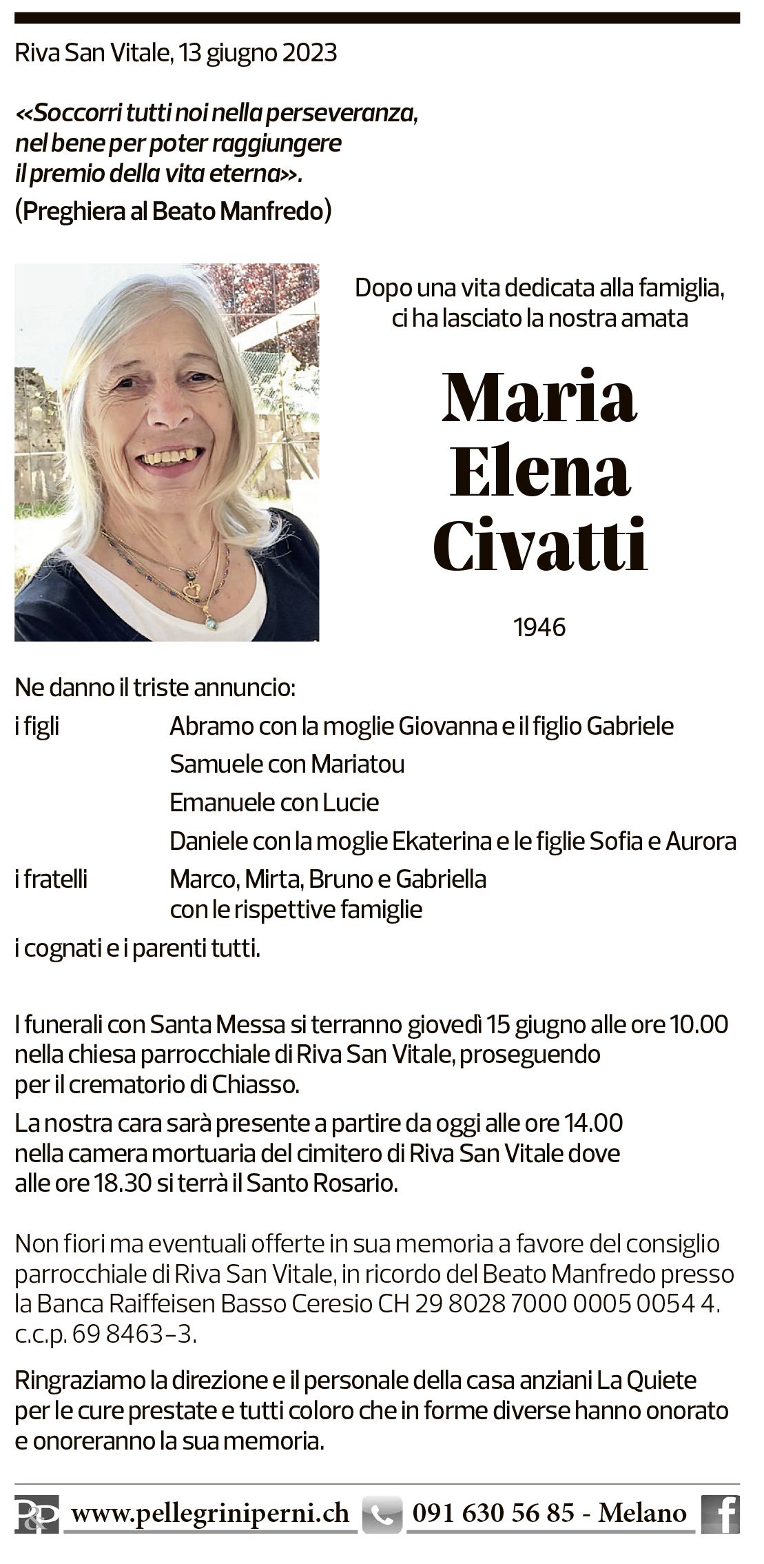 Annuncio funebre Maria Elena Civatti