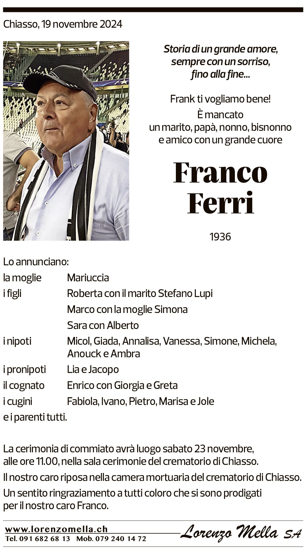 Annuncio funebre Franco Ferri