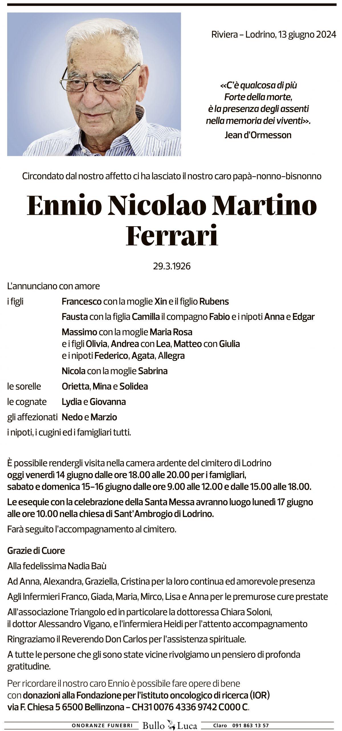 Annuncio funebre Ennio Nicolao Martino Ferrari