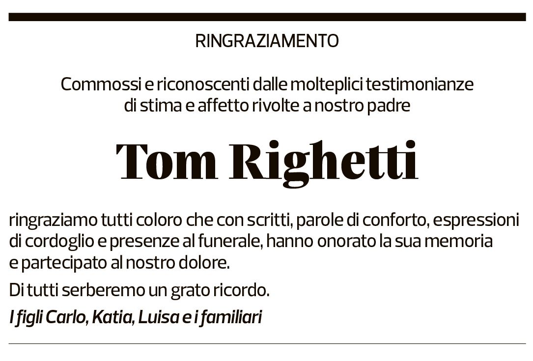 Annuncio funebre Tom Righetti