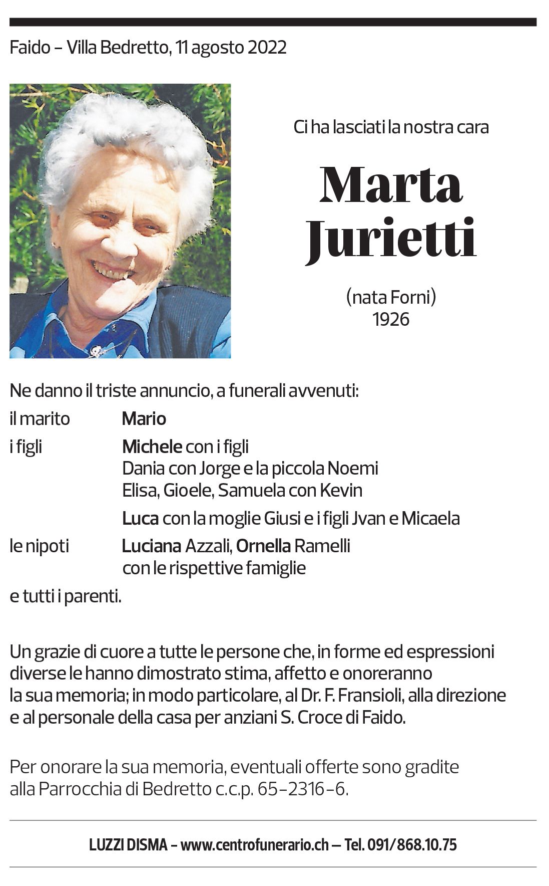 Annuncio funebre Marta Jurietti