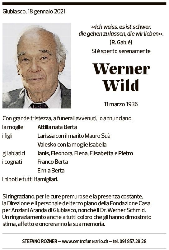 Annuncio funebre Werner Wild