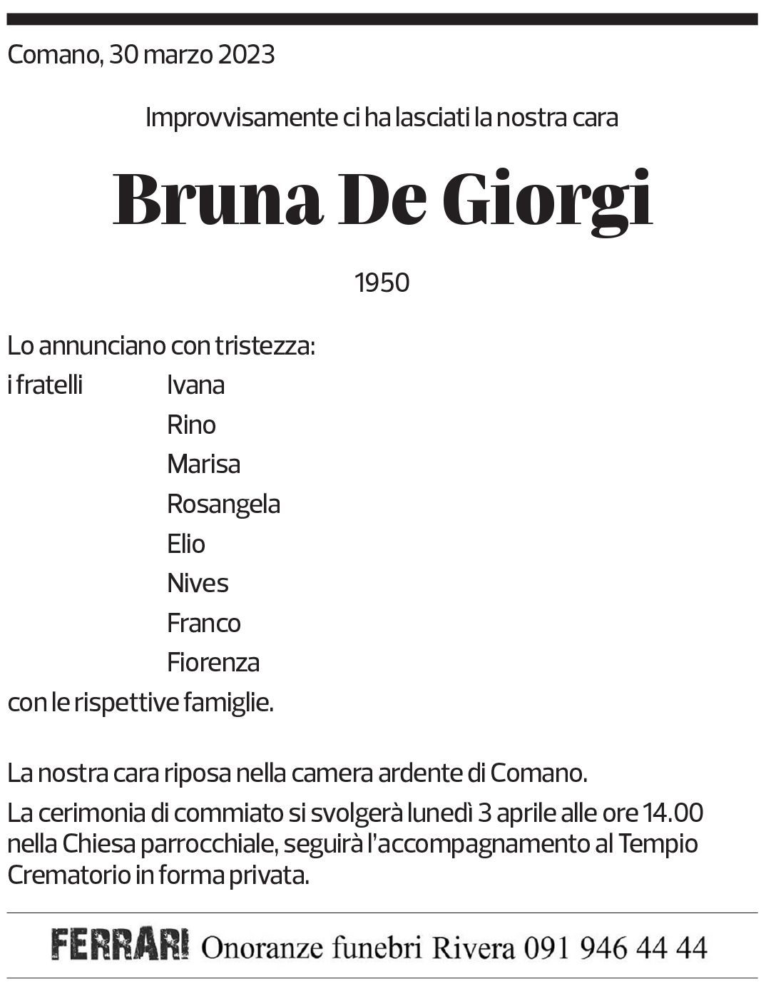 Annuncio funebre Bruna De Giorgi