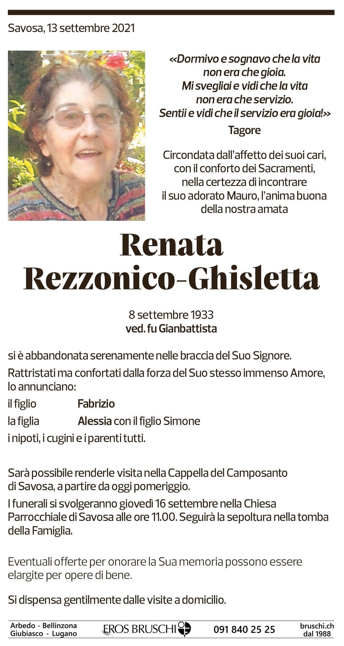 Annuncio funebre Renata Rezzonico-ghisletta