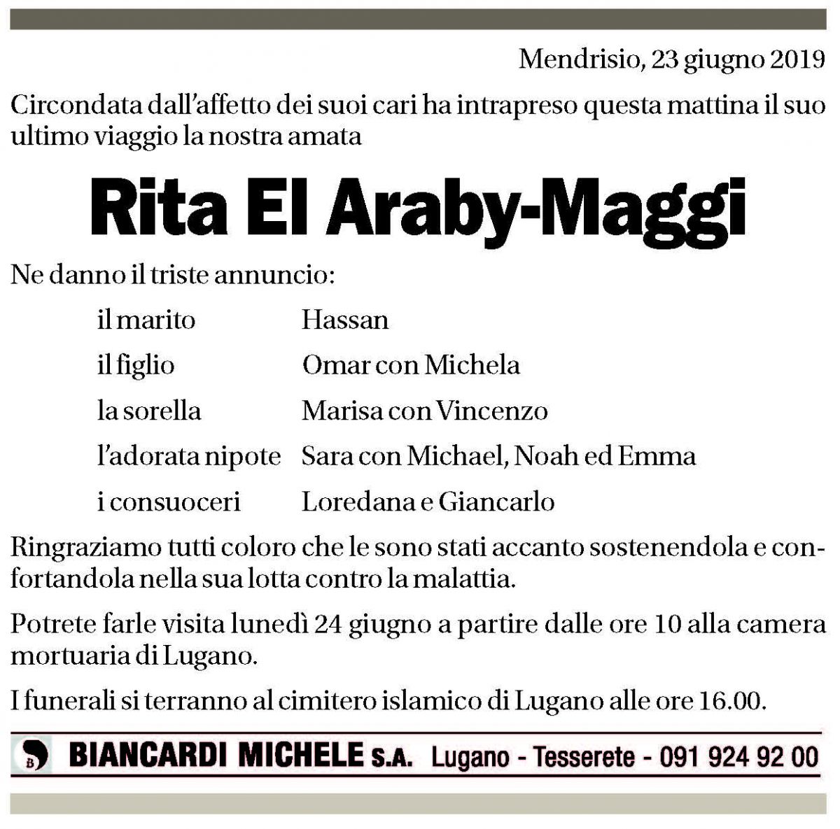 Annuncio funebre Rita El Araby - Maggi