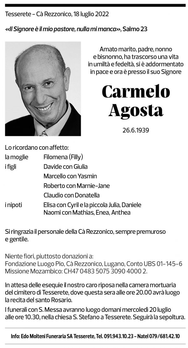 Annuncio funebre Carmelo Agosta