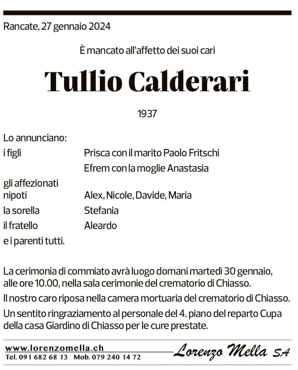 Annuncio funebre Tullio Calderari