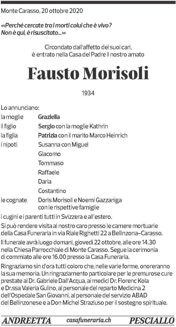 Annuncio funebre Fausto Morisoli