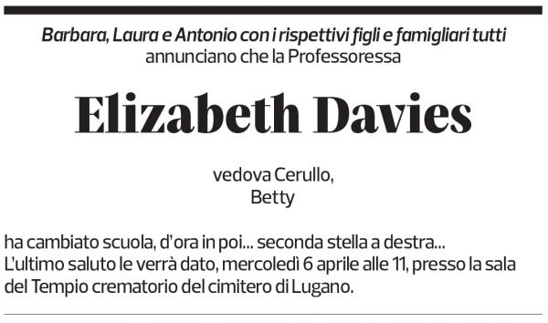 Annuncio funebre Elizabeth Davies