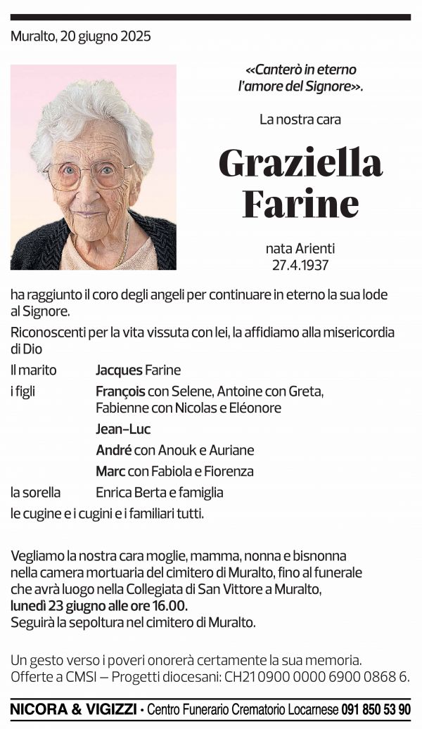 Annuncio funebre Graziella Farine