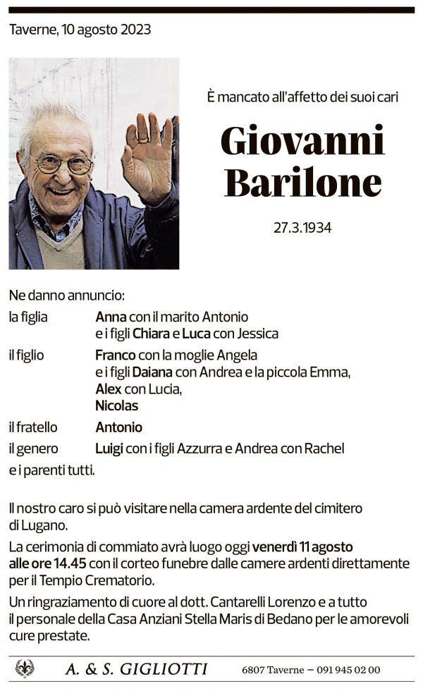 Annuncio funebre Giovanni Barilone