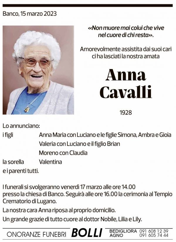 Annuncio funebre Anna Cavalli