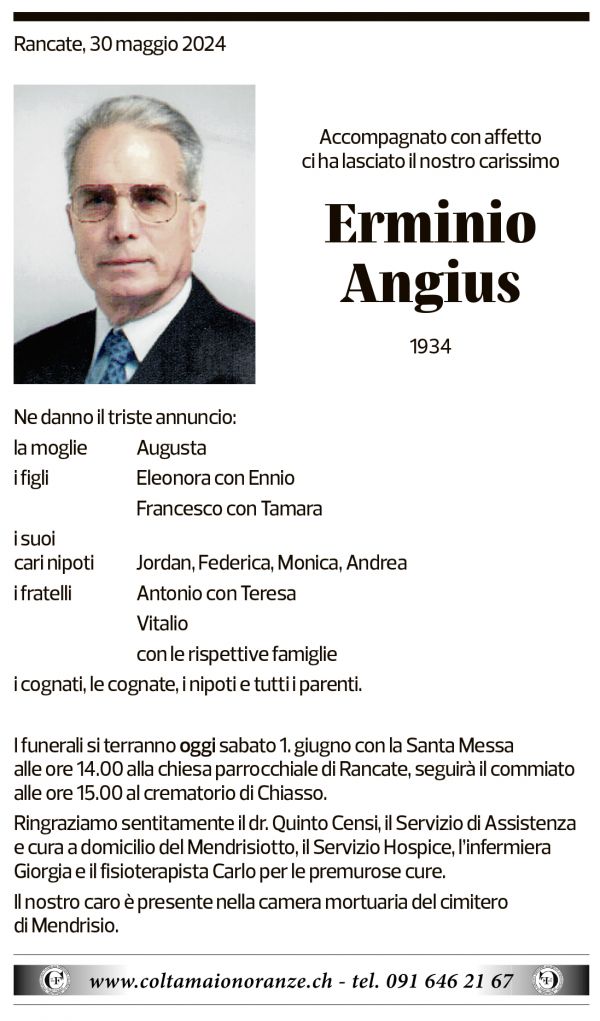 Annuncio funebre Erminio Angius