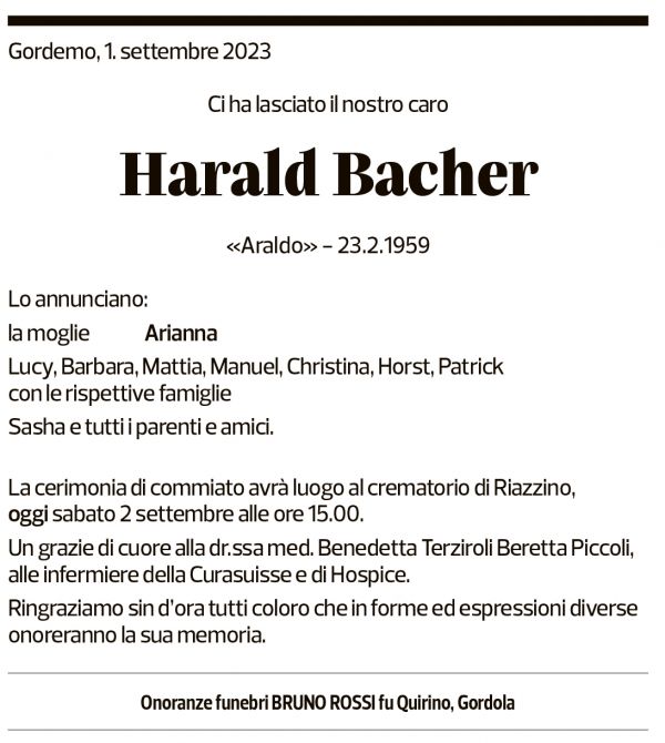 Annuncio funebre Harald Bacher