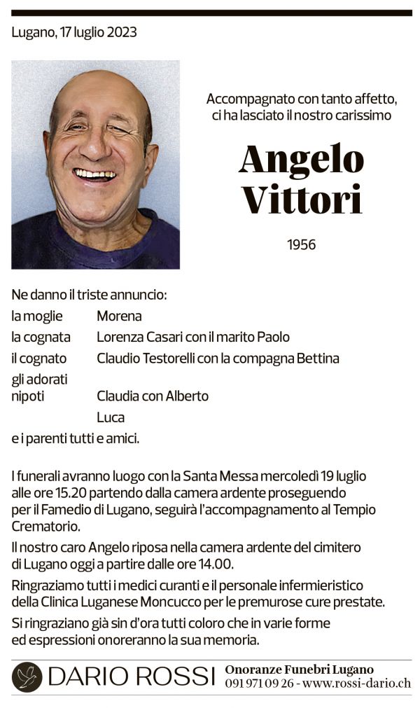 Annuncio funebre Angelo Vittori