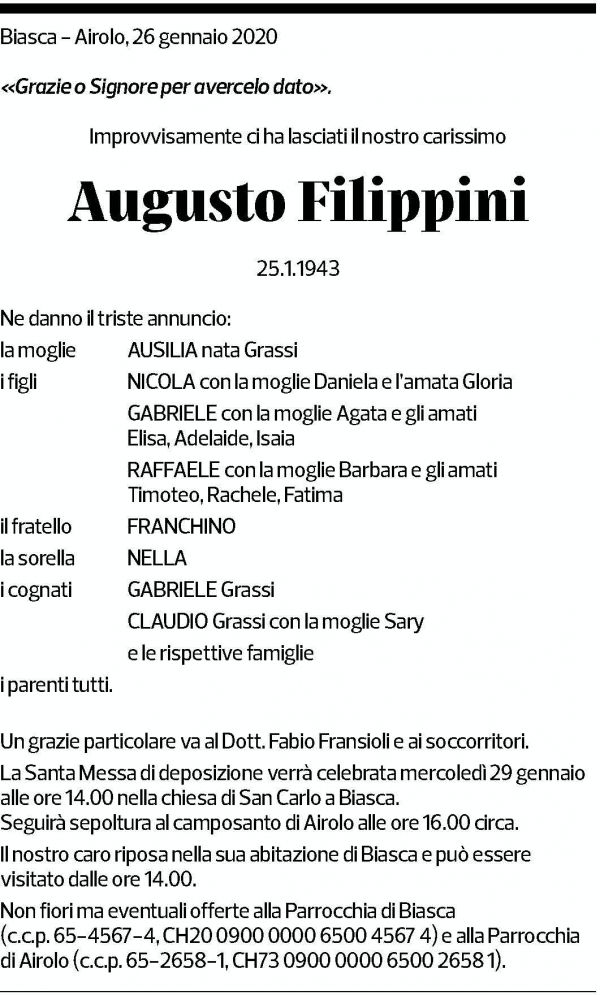 Annuncio funebre Augusto Filippini