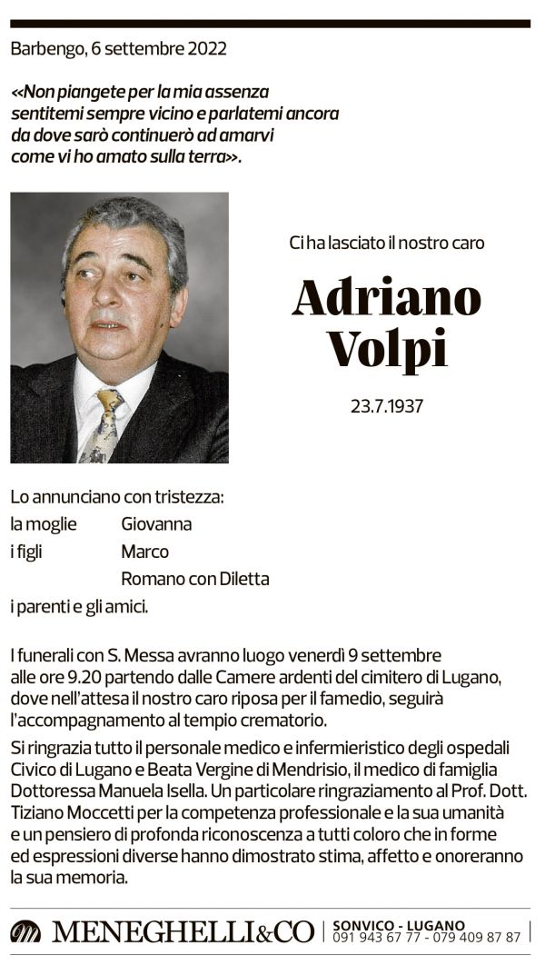 Annuncio funebre Adriano Volpi