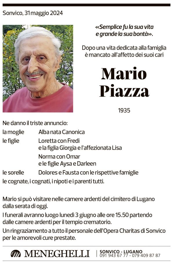 Annuncio funebre Mario Piazza