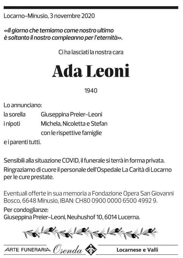 Annuncio funebre Ada Leoni