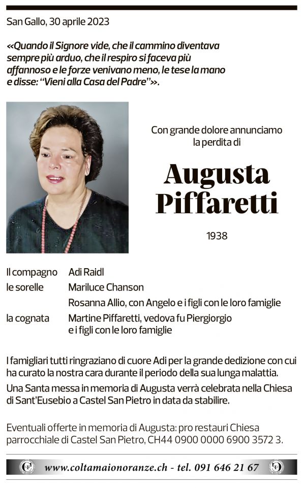 Annuncio funebre Augusta Piffaretti