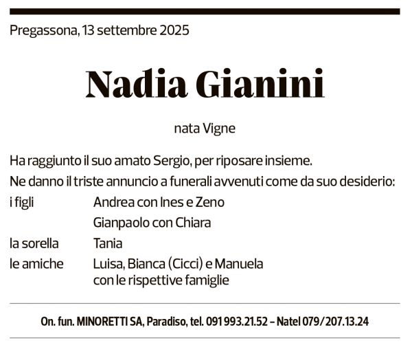 Annuncio funebre Nadia Gianini