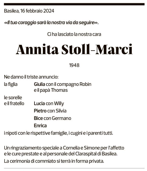 Annuncio funebre Annita Stoll-marci