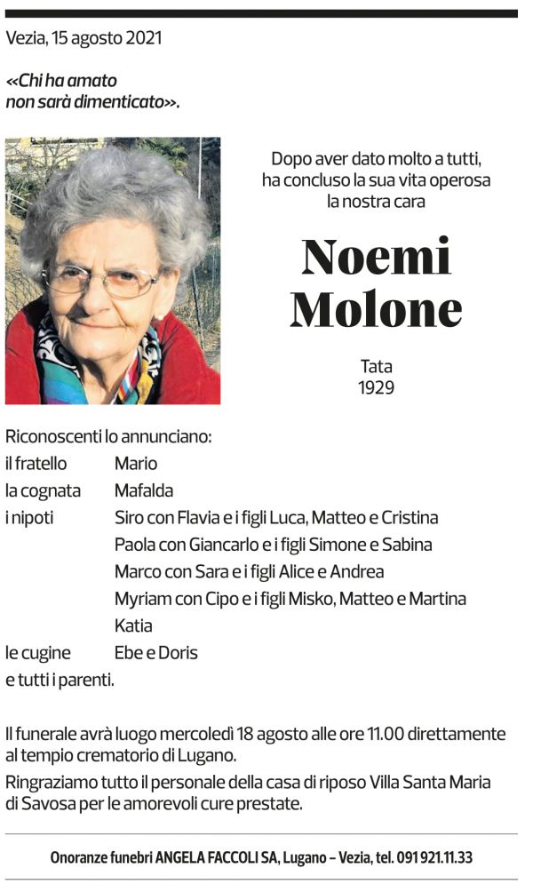 Annuncio funebre Noemi Molone