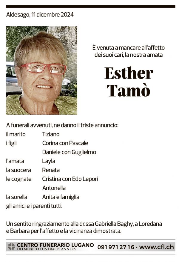 Annuncio funebre Esther Tamò